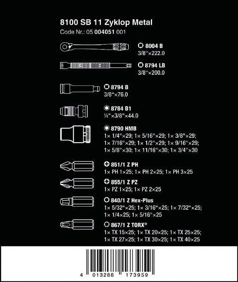WERA 05004051001 8100 SB 11 Zyklop Imperial Metal Ratchet Set, 29 Piece, 3/8" Drive