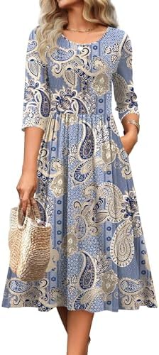 Zeagoo 3/4 Sleeve Women's Dress Casual Aline Summer Fall Midi Long Dresses