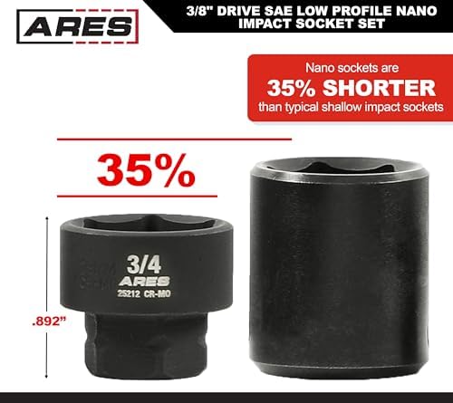 ARES 29019 10-Pc 3/8in SAE Nano Sockets, Low Profile, w/Rail | Impact grade sockets offer greater clearance than typical shallow sockets