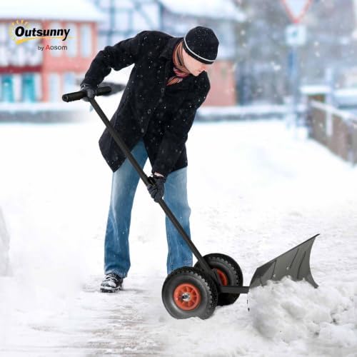 Outsunny Snow Shovel with Wheels Snow Pusher 29" Blade 10" Wheels Black