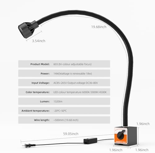 Dimmable Magnetic Light, 1320 Lumen 120v Flexible Gooseneck Work Light with Adjustable Magnetic Base for Lathe CNC Milling Drill PressSewing Machine Industrial Lighting, 12W