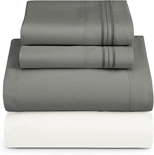 Nestl Cal King Sheets Set - 4 Piece California King Sheets, Extra Soft, Double Brushed Bedding for Cal King Size, 2 Tone White/Grey Set, White Fitted Sheet, Grey Flat Sheet, Grey Pillow Case