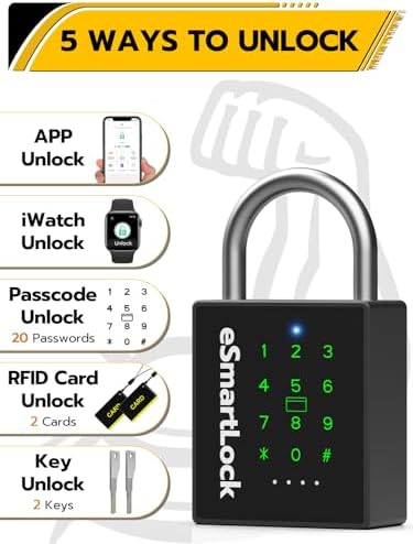 Pothunder Heavy Duty Smart Padlock, Gate Lock Padlock with Key Code and RFID, Outdoor Weatherproof Biometric Digital Lock for Gate, Sheds, Fence, Garage, Locker, Storage Unit