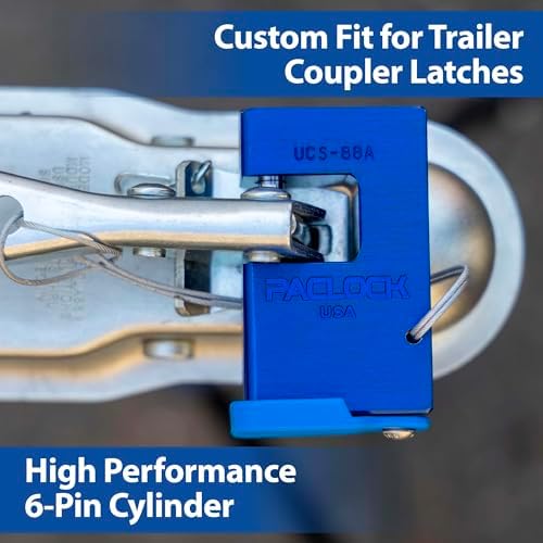 PACLOCK's 88-Series Shrouded Trailer Coupler Lock, UCS, High Performance 6-Pin Cylinder, Keyed Differently w/ 2 Keys, Blue