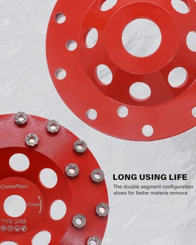 Diamond Grinding Cup Wheel for Hard Concrete Floor, Epoxy Coating Removal, 24 Aggressive Honeycomb Segments, 7 Inch 7/8" Arbor, 30/40 Grit