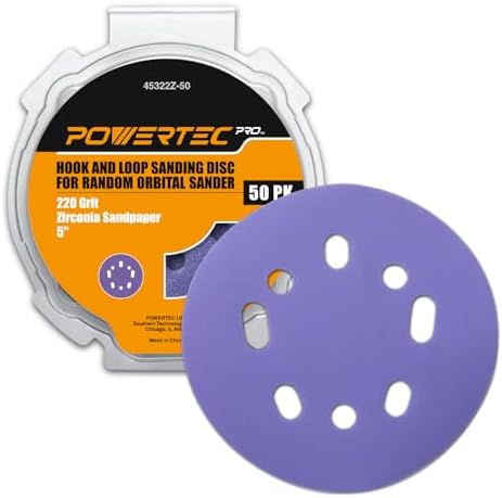 POWERTEC PRO 50PK, 5 Inch Sanding Discs Hook and Loop, 220 Grit, Zirconia Orbital Sander Sandpaper for 5 & 8 Hole Random Orbital Sanders - Automotive, Paint, Metal, Woodworking (45322Z-50)