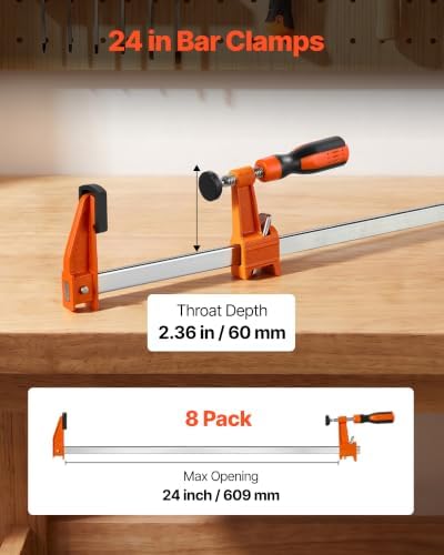 VEVOR Bar Clamps for Woodworking, 8-Pack, 24" Opening F Clamps, 600 lbs Load Limit, with Plastic Pad and Self-Locking Design, Premium Cast Iron and Carbon Steel, for Wood Working and Metal Working