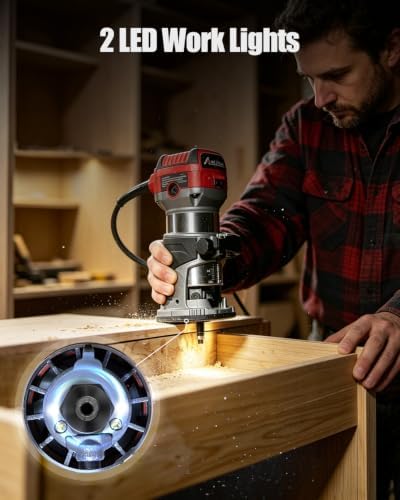 AVID POWER 6.5 Amp 1.25 HP Compact Router Tools for Woodworking, Fixed Base Wood Router with Trim Router Bits, 6 Variable Speeds, Edge Guide, Roller Guide, Dust Hood (Red, 65mm)