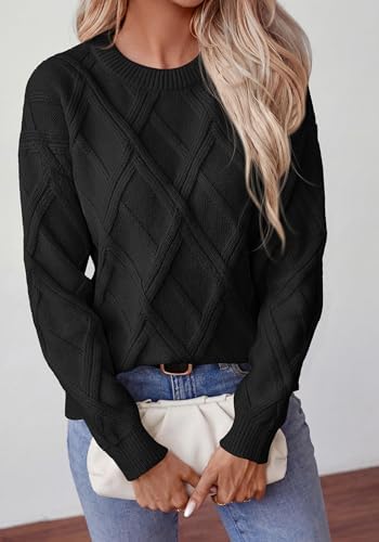 Okiwam Women's Long Sleeve Sweaters Crewneck Cable Knit Pullover