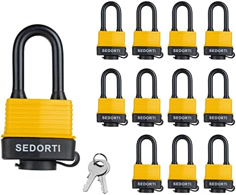 SEDORTI Colored Waterproof Padlocks, Yellow-Covered Laminated Steel Lock, Same Color with Same Key, Keyed Alike Outdoor Locks, Can Be Used as Lockout Tagout Lock, Long Padlocks, Pack of 12