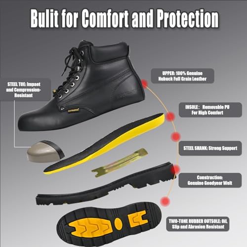 Work Boots for Men, Steel Toe, Leather, Oil, Slip and Heat Resistant Heavy Duty Wide Industrial & Construction Safety Boots, US 7-17 M & W