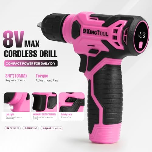 KingTool 156-Piece Pink Tool Kit, 8V Cordless Drill for Home Repairs & DIY