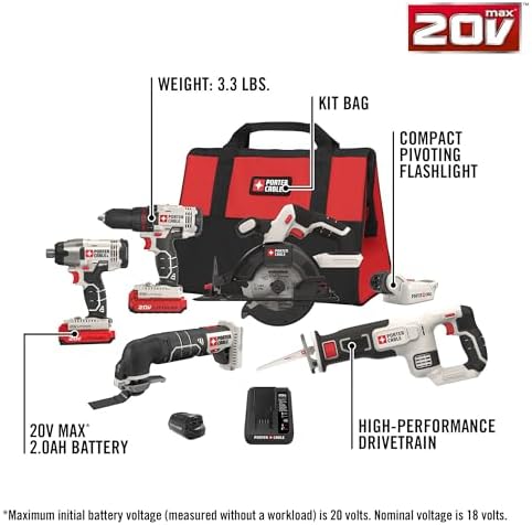 PORTER-CABLE 20V MAX* 6 Tools Combo Kit Cordless Drill Set, Impact Driver, Circular Saw, Reciprocating Saw, Oscillating Tool, Cutting Blade, Flashlight and USB Charger (PCCK617L6)