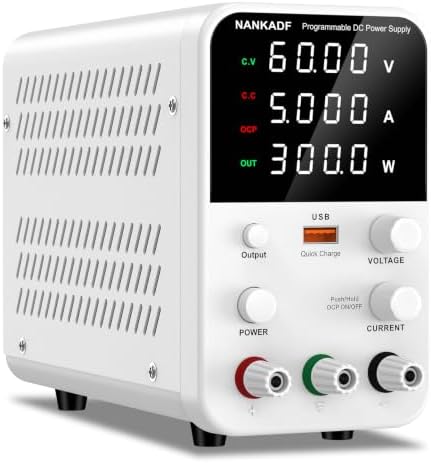 DC Power Supply Variable, Bench Power Supply with Encoder Adjustment Knob, Output Enable/Disable Button, Adjustable Power Supplies with USB Quick-Charge, Short Circuit Alam (60V 5A White)