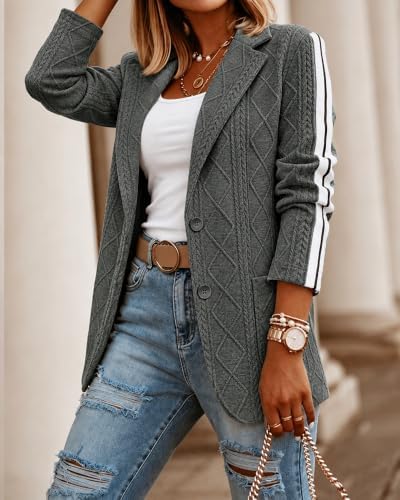 CHICME Women's Argyle Cable Jacquard Tape Sleeve Button Work Travel Blazer