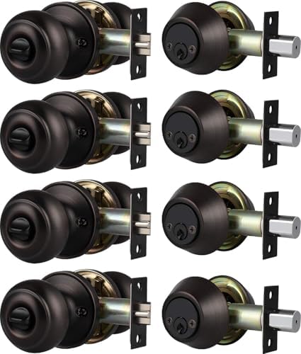 4 Pack Keyed Alike Door Knob with Double Cylinder Deadbolt Lock Set, Oil Rubbed Bronze Door Lock Sets Exterior, Round Style Door Knob Deadbolt Combination Set