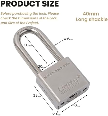 Unity Marine Padlock Keyed Alike 100% Stainless Steel Weatherproof for Sea, Boat, Port, Gate, Anti-Pick (10,40mm Long Shackle)