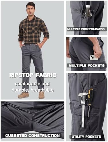 Mens Cargo Work Pants Durable Ripstop Tactical Pants with 7 Pockets Outdoor Water Resistant Hiking Woking Construction Pants