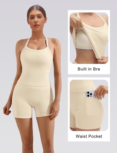 SUUKSESS Women 2 Piece Workout Sets High Waisted Biker Shorts with Pockets Built in bra Racerback Tank Tops