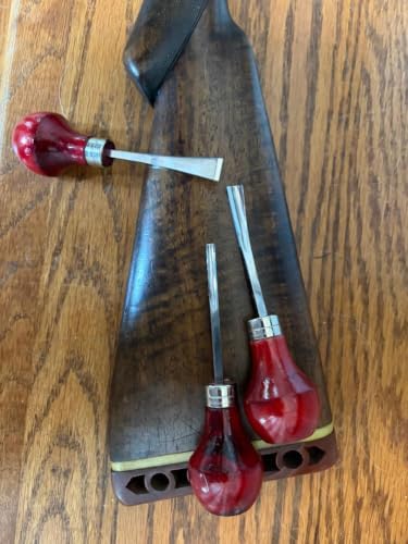 UJ Ramelson Gunsmith Student set. By Sonoran Desert Institute for students beginning in gunsmith course. Includes 5/16" bent #8, 5/32" Straight U & 3/8" Bent Chisel. 3 Pocket Denim Tool Roll. USA.