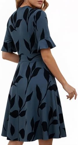 Mokayee Womens Summer V Neck Ruffle Short Sleeve Fit and Flare Knee Length Church Wedding Guest Dresses with Pockets