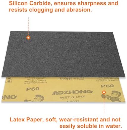 HARFINGTON 50pcs Sandpaper 60 Grit 9 x 11 Inch Waterproof Backing Silicon Carbide Abrasive Wet Dry Sanding Sheets for Wood Finishing, Metal Sanding, Automotive Polishing