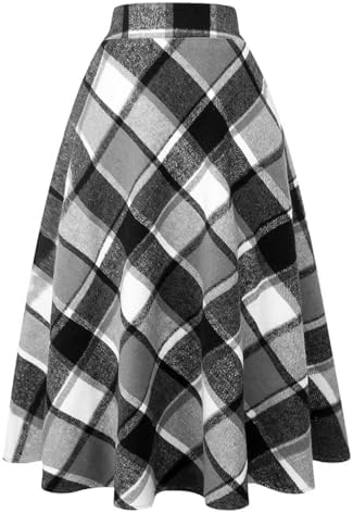 IDEALSANXUN Womens Plaid Wool Skirts Elastic Waist A-Line Pleated Tartan Long Skirts