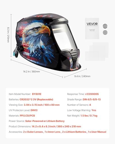 VEVOR Welding Helmet Auto Darkening, 3.94" x 3.15" True Color Welding Hood, 1/1/1/1 Solar-Powered Welder Mask 4 Arc Sensors, Wide Shade 4/5-9/9-13 for TIG MIG ARC Weld Grinding Cutting - METIS Series