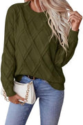 Okiwam Women's Long Sleeve Sweaters Crewneck Cable Knit Pullover