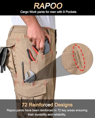 Rapoo Men's Ripstop Cargo Pants Work Pants EDC with 9 Pockets Hiking Pants