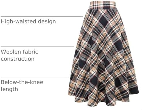 IDEALSANXUN Womens Plaid Wool Skirts Elastic Waist A-Line Pleated Tartan Long Skirts