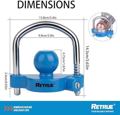 RETRUE Universal Trailer Coupler Lock, Adjustable Hitch Ball Lock, Blue