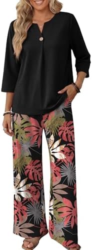 WIHOLL Two Piece Sets for Women 3/4 Length Sleeve Lounge Sets Summer Spring Vacation Travel Outfits Fashion Clothing