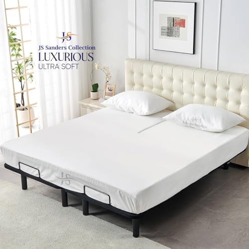 JS Sanders Collection 600TC Flex Top Queen Sheets for Sleep Number Bed - 100% Cotton 4 Pcs Top Split Queen Sheets for Adjustable Bed Queen 32 Inch Down White -18 Inch Deep