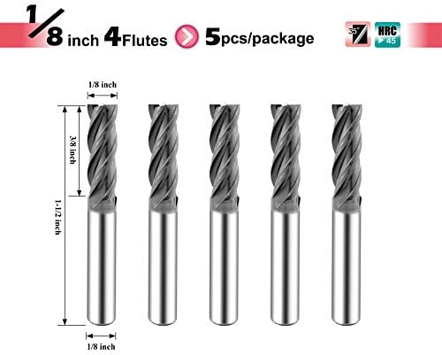 SPEED TIGER ISE Carbide End Mill 1/8” – 4 Flute, Square Nose, AlTiBN Coated, CNC Router Bit for Hardened Steel, Alloy Steel, Stainless Steel – Made in Taiwan, 5-Pack