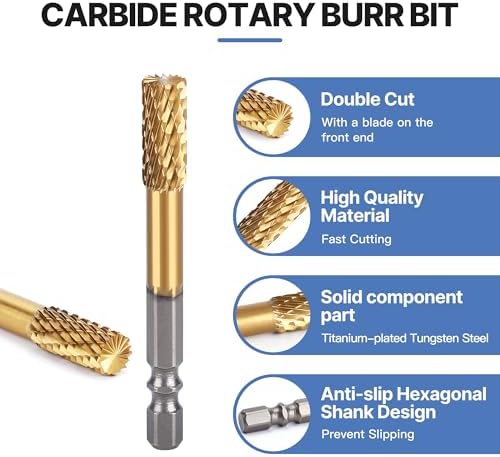 HUHAO Tungsten Carbide Rotary Burr Bit, Double Cut Carbide Burr 1/4" Shank Die Grinder Cutting Burrs Bit for Metal Working & Sturdy