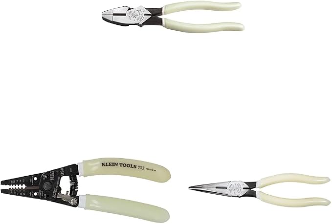 Klein Tools D20009NEGLW Side Cutters - Lineman's Pliers Set, 8-Inch with Klein-Kurve Stripper/Cutter & Long Nose Pliers, Hi-Viz Glow in the Dark