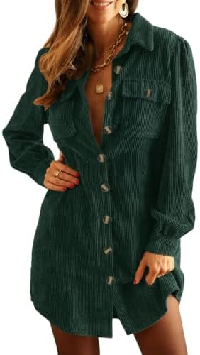Alaster Queen Women's Corduroy Long Sleeve Button Work Tunic Short Dresses