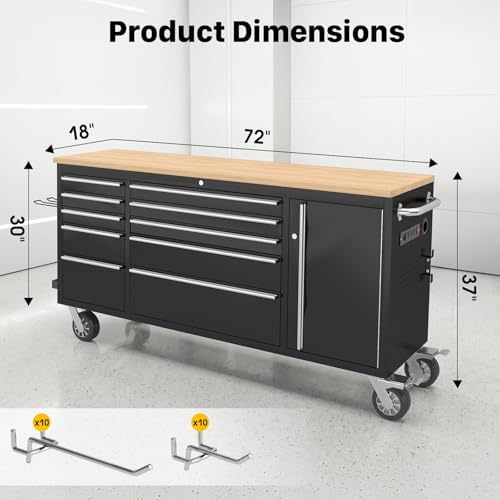 72" Rolling Tool Chest, Heavy-Duty Tool Box with Power Outlet, Tool Cabinet with 10 Drawers, Rubber Wood Workbench with Key Locking System Drawer Liners for Garage Warehouse Repair Shop