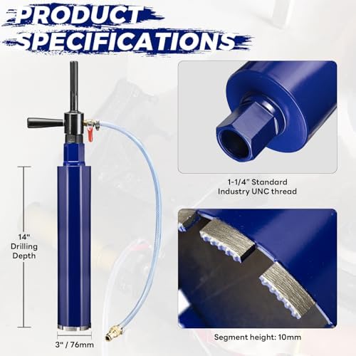 3" Pro Core Drill Bit with SDS Max Water Injection Adapter (1-1/4"-7 UNC),14" Depth Upgraded Welded Wet Core Bits for Concrete with Rebar, Brick, Masonry,Stucco,Mortar (Include Water Hose Kit)
