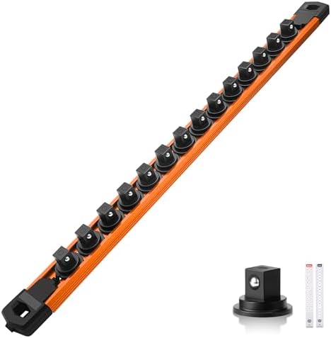 Reniteco Magnetic Socket Organizer, 3/8” Aluminum Alloy Rail, 14 Clips | Heavy-Duty Socket Rails, Removable 360° Swivel ABS Clips, Magnetic Base, Tool Box Drawer or Wall Mount