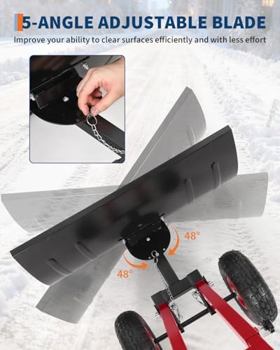 Wheeled Snow Shovel, 29"x16.5" Double-Rod Metal Snow Pusher Plow with 5-Angle Blade, Adjustable T-Handle and Rubber Wheels for Snow Removal from Driveways, Sidewalks & Doorways, Black & Red