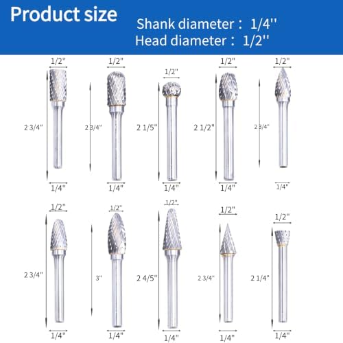 10PCS Tungsten Carbide Burr Set,1/2" Head 1/4" Shank Shank HRA90 Rotary Burr Bits, Compatible with Dremel for Metal Grinding, Wood Carving, Deburring,Engraving, Drilling