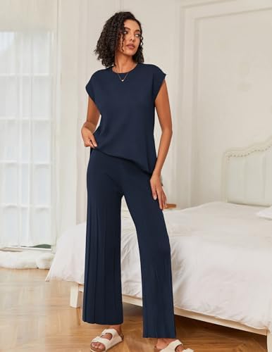 Ekouaer Lounge Sets for Women Two Piece Outfits Knit Cap Sleeve Tops Wide Leg Pleated Pants Casual Dressy Sweater Sets