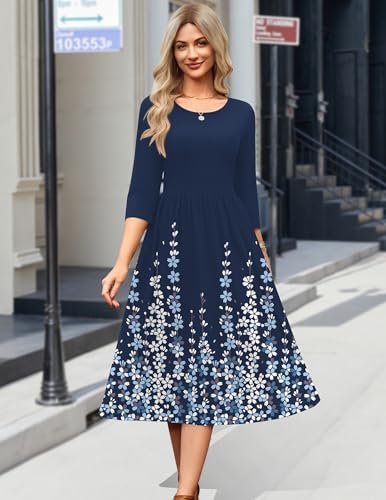 Zeagoo 3/4 Sleeve Women's Dress Casual Aline Summer Fall Midi Long Dresses