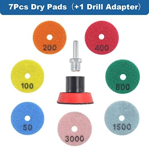 2 Inch Diamond Polishing Pads with 7Pcs Dry Wet Granite Stone Polish Pad Kit for Drill，50-3000 Grit Polishing Pad (7Pcs Dry Pads+1 Drill Adapter)