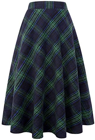 IDEALSANXUN Womens Plaid Wool Skirts Elastic Waist A-Line Pleated Tartan Long Skirts