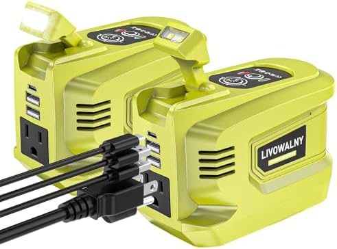 LIVOWALNY 220W-250W Power Inverter Compatible with Ryobi 18V Battery, DC 18V to AC 110-120V Power Station with 1 AC Outlet, 2 USB, 1 Type-C & LED Light, for Camping Power Outage (No Battery) (2-Pack)