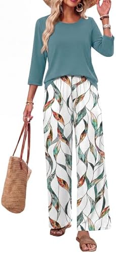 WIHOLL Two Piece Sets for Women Lounge 3/4 Length Sleeve Womens Tops Graphic Pants with Pockets Summer Outfits 2026