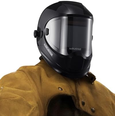 MANUSAGE Panoramic View Welding Helmet Auto Darkening, Welding Hood with 4 Arc Sensor Solar Power, True Color Shade 5-8 and 9-13 Idear for TIG MIG ARC, Adjustable Delay and Sense (E980S)